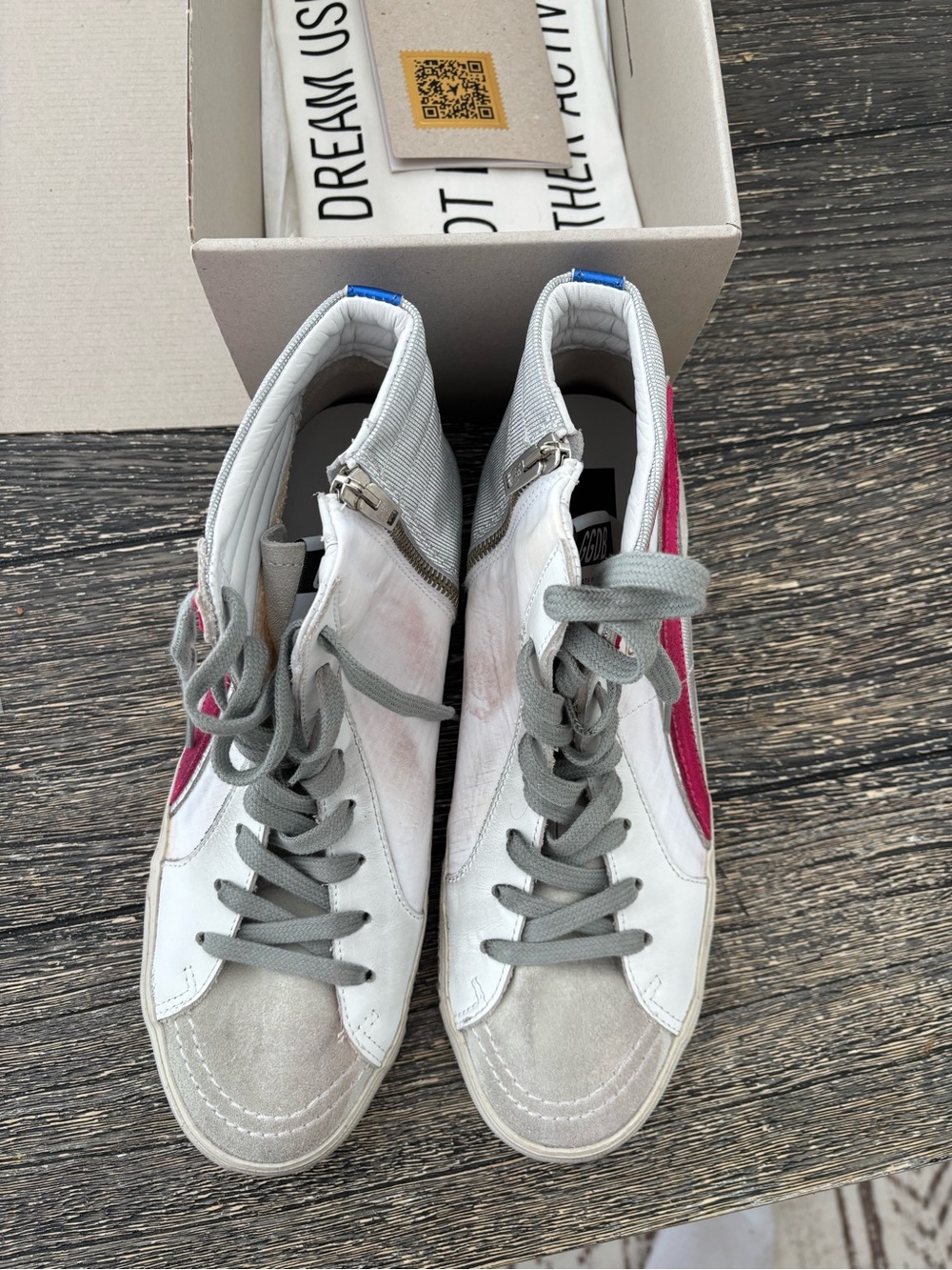 Golden Goose High-Top Sneakers in White, Pink and Gray